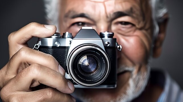 An older man smiling behind a camera. Generative AI. 