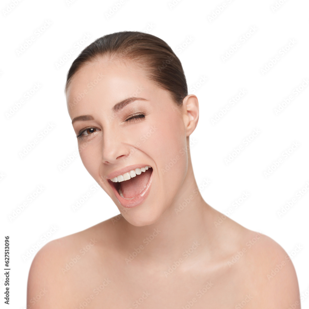 Wall mural Skincare, beauty and face of a woman with a happy smile, wink and clean skin on a png, transparent and isolated or mockup background. Portrait of good hygiene, health and wellness