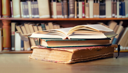 Vintage books on table in library.