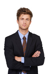 Business man, serious portrait and suit with corporate confidence isolated on a transparent, png background. Work, professional and young male person with worker and job pride with lawyer employee