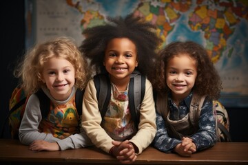 A group of children with backpacks in a classroom in the style of cute and quirky