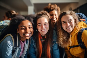 A group of teenagers with backpacks in happy style back to school