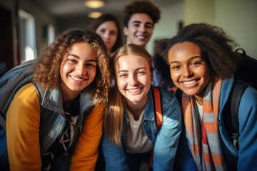 Fototapeta premium A group of teenagers with backpacks in happy style back to school