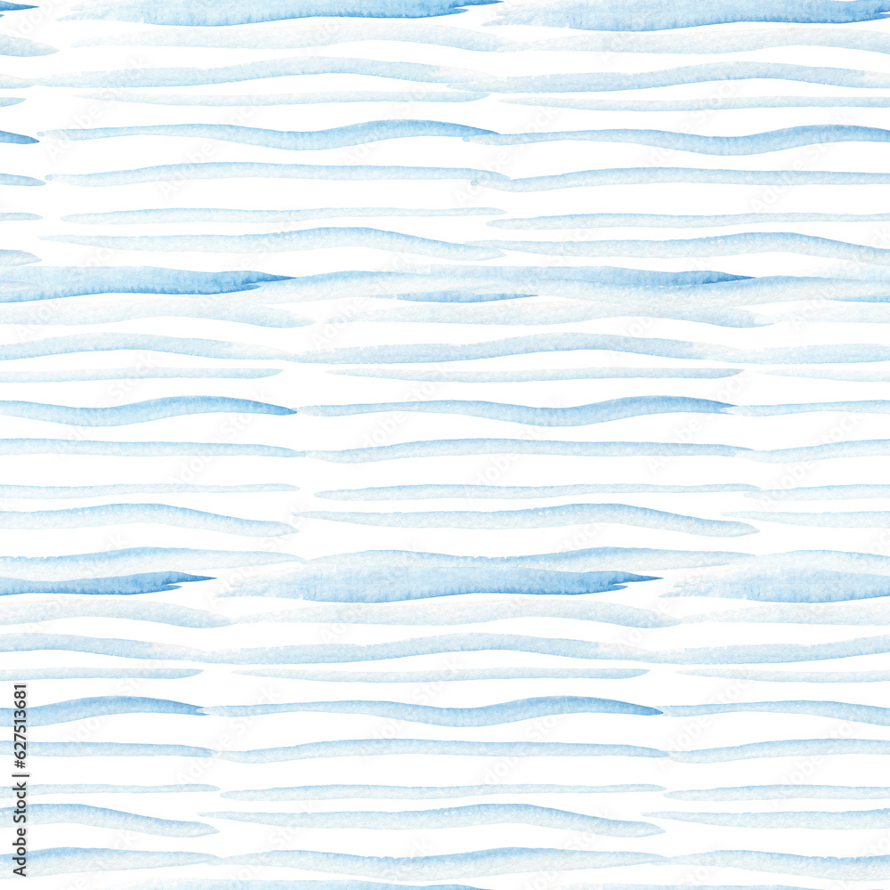 Wall mural abstract light blue sea waves seamless pattern. watercolour turquoise hand drawn striped lines marin