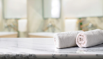 panorama shot : Towels on marble top table with copy space on blurred bathroom background. For...