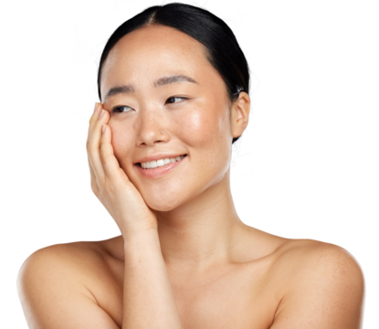 Natural skin, beauty and face of asian woman with glow, health and wellness cosmetics. Happy aesthetic female model thinking of facial dermatology and skincare isolated on transparent, png background