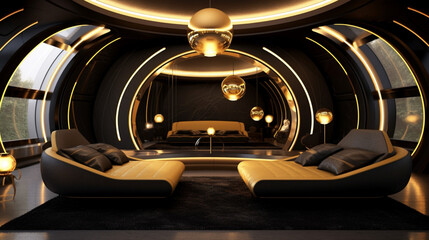 Futuristic rooms in large, luxurious and illuminated spaces. Futuristic, elegant and large sofas and beds. Architecture of the future, elegant, luxurious and minimalist. Rooms in a spaceship.