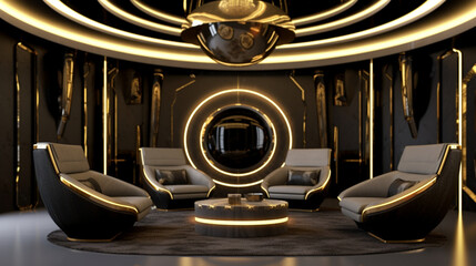 Futuristic rooms in large, luxurious and illuminated spaces. Futuristic, elegant and large sofas and beds. Architecture of the future, elegant, luxurious and minimalist. Rooms in a spaceship.