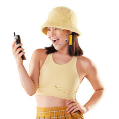 Retro, phone and gen z woman with creative fashion, beauty and eyes sticker art on face with smile...