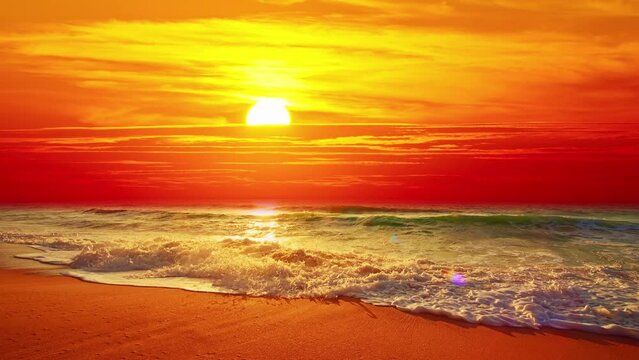 Amazing sunrise over sea beach with crashing waves of foamy waves rolling towards colorful light sunset or sunrise over sand beach,Beautiful slow motion waves on sandy shore beautiful sky golden sun