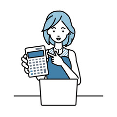 座ってデスクでノートPCを開いて電卓を指差してこちらに向けて見せているドレスの女性
