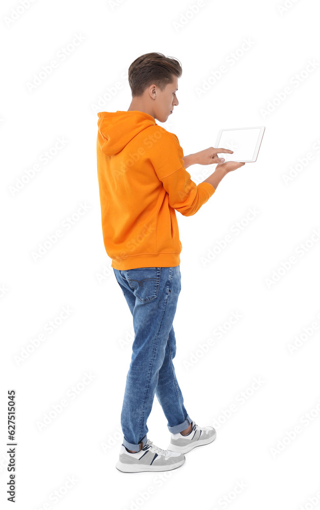 Poster man using tablet with blank screen on white background