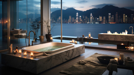 Modern minimalistic marble luxury tub, in a luxury penthouse with floor to ceiling windows. Generative AI