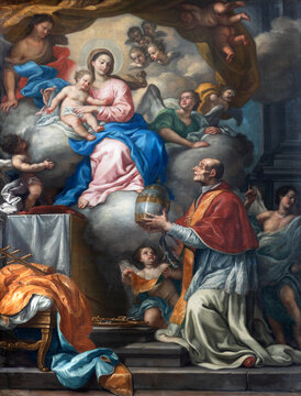 NAPLES, ITALY - APRIL 20, 2023: The painting of Celestine V renouncing the papacy in the church Chiesa dell' Ascensione a Chiaia by Alfonso di Spigna (1697-1785).
