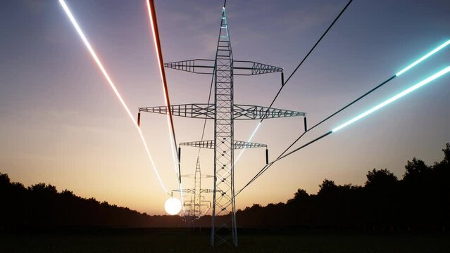 Tilt up shot of energy stream flowing through metal pole high voltage power lines over sunrise horizon sky. Electric wires transmitting electricity obtained from renewable sources, 3D render animation