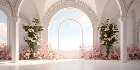 white room with arch and flowers in the wall