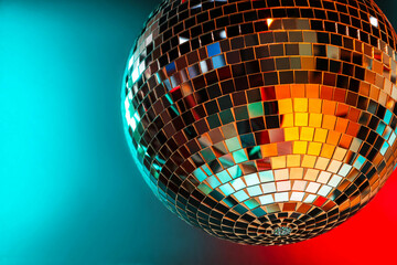 Shiny disco ball under color lights, closeup. Space for text