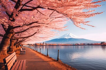 Mount Fuji with pink trees travel destination. Tour tourism exploring.