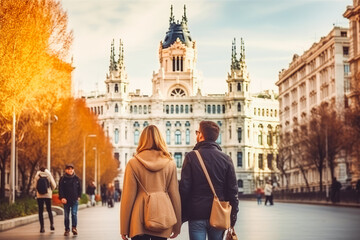 Madrid Spain travel destination. Two tourists walking through city front view. Tour tourism exploring.