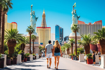 Las Vegas travel destination. Two tourists walking through city front view. Tour tourism exploring.