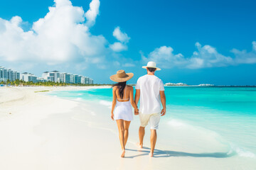 Cancun travel destination. Two tourists walking on beach front view. Tour tourism exploring. - obrazy, fototapety, plakaty