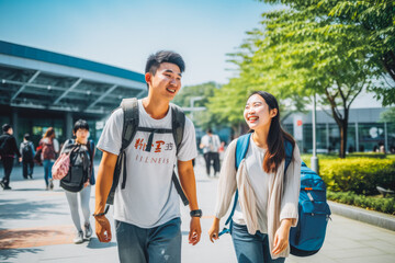 Shenzen travel destination. Two tourists walking through city front view. Tour tourism exploring.