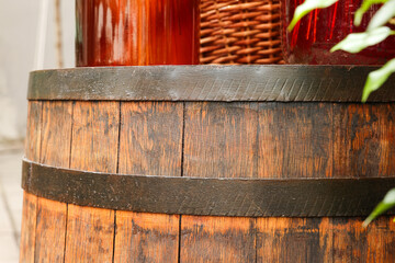 Traditional wooden barrel outdoors, closeup. Wine making