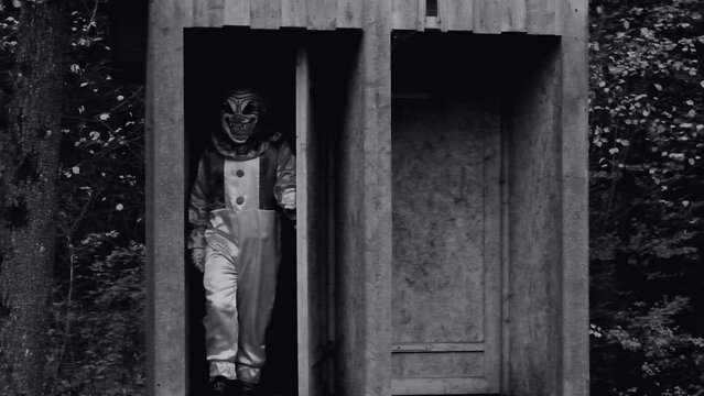Halloween clown. Creepy clown black and white video. A scary clown opens the door and runs towards the camera. Slow motion. High quality 4k footage
