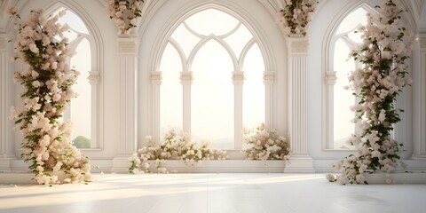 white room with arch and flowers in the wall - obrazy, fototapety, plakaty