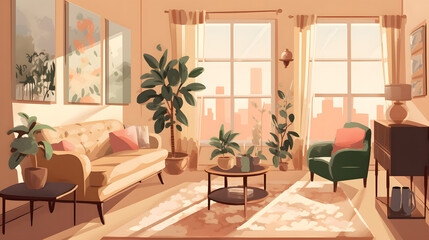 モダンでエレガントなリビングルームのイラスト No.009 | An illustration of a modern and elegant living room Generative AI