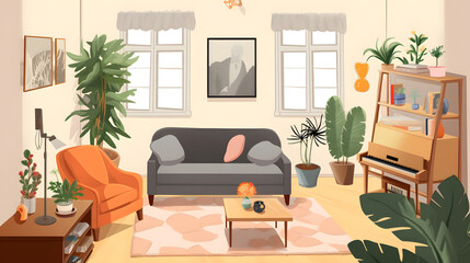 モダンでエレガントなリビングルームのイラスト No.017 | An illustration of a modern and elegant living room Generative AI