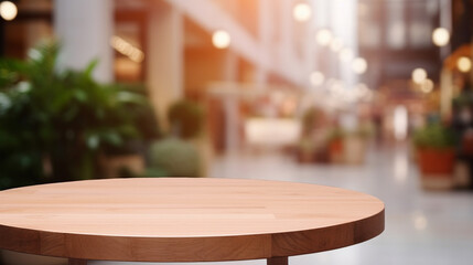 Empty minimalist wooden table with market in the background to promote products. Clean background to display products.
