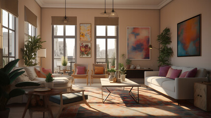 Fototapeta premium モダンでエレガントなリビングルームのイラスト No.063 | An illustration of a modern and elegant living room Generative AI
