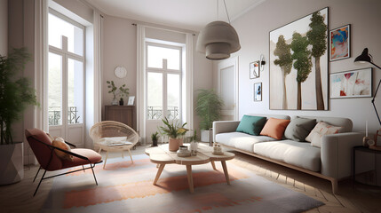 Naklejka na ściany i meble モダンでエレガントなリビングルームのイラスト No.066 | An illustration of a modern and elegant living room Generative AI