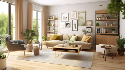Fototapeta na wymiar モダンでエレガントなリビングルームのイラスト No.054 | An illustration of a modern and elegant living room Generative AI