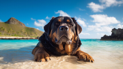 Holiday dog. Dog swimming in the sea and in the pool. Dog sleeping in the sun. Dog lying in a hammock sunbathing under an umbrella. Dog with glasses and hat.