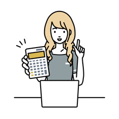 座ってデスクでノートPCを開いて電卓を持ってこちらに向けて見せているエステ店員・受付・接客係の女性