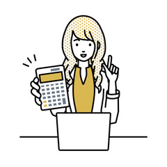 座ってデスクでノートPCを開いて電卓を持ってこちらに向けて見せているジャケットの女性