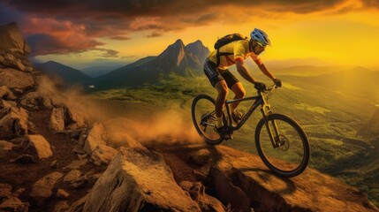 Obraz premium cyclist riding on a mountain path during sunset, mountain biker skillfully navigates a rugged trail atop a high altitude terrain, with a breathtaking view of towering peaks and a radiant sunset sky