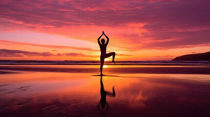 A solitary figure practicing yoga on a sandy beach during sunrise.