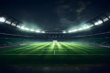 Fototapeta na wymiar Football soccer field stadium at night and spotlight, AI generate