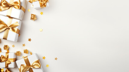 Elegant, gold and white gift backgrounds. Backgrounds of beautiful Christmas gifts.