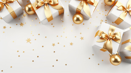 Elegant, gold and white gift backgrounds. Backgrounds of beautiful Christmas gifts.
