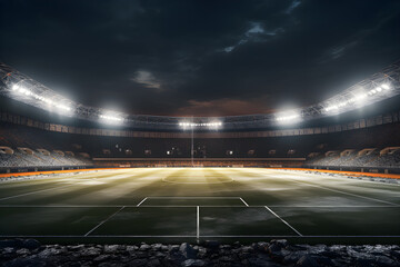 Football soccer field stadium at night and spotlight, AI generate