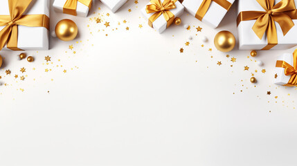 Elegant, gold and white gift backgrounds. Backgrounds of beautiful Christmas gifts.