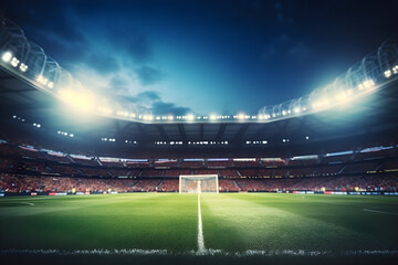 Football soccer field stadium at night and spotlight, AI generate