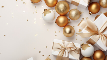 Fototapeta na wymiar Elegant, gold and white gift backgrounds. Backgrounds of beautiful Christmas gifts.