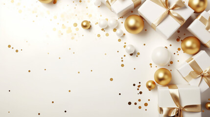 Elegant, gold and white gift backgrounds. Backgrounds of beautiful Christmas gifts.