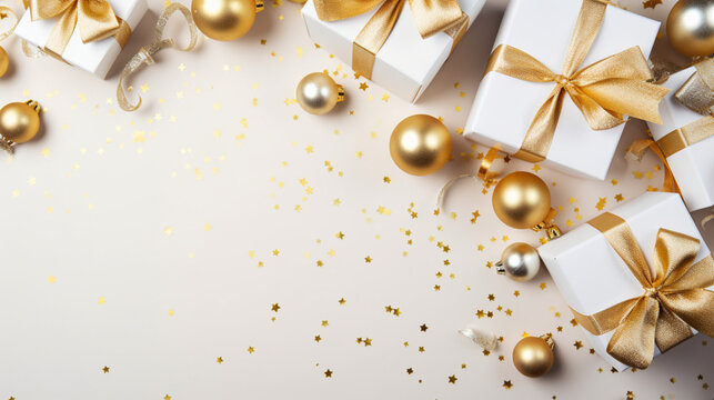 Elegant, gold and white gift backgrounds. Backgrounds of beautiful Christmas gifts.