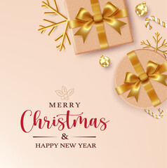 Fototapeta na wymiar Merry christmas text vector design. Christmas and new year greeting with elegant gift surprise decoration elements. Vector illustration holiday season background. 